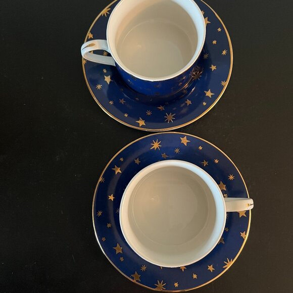 Set of 2 Vintage Sakura GALAXY Blue Fine Porcelain Cups & Saucers 14k Gold Stars - Picture 8 of 11
